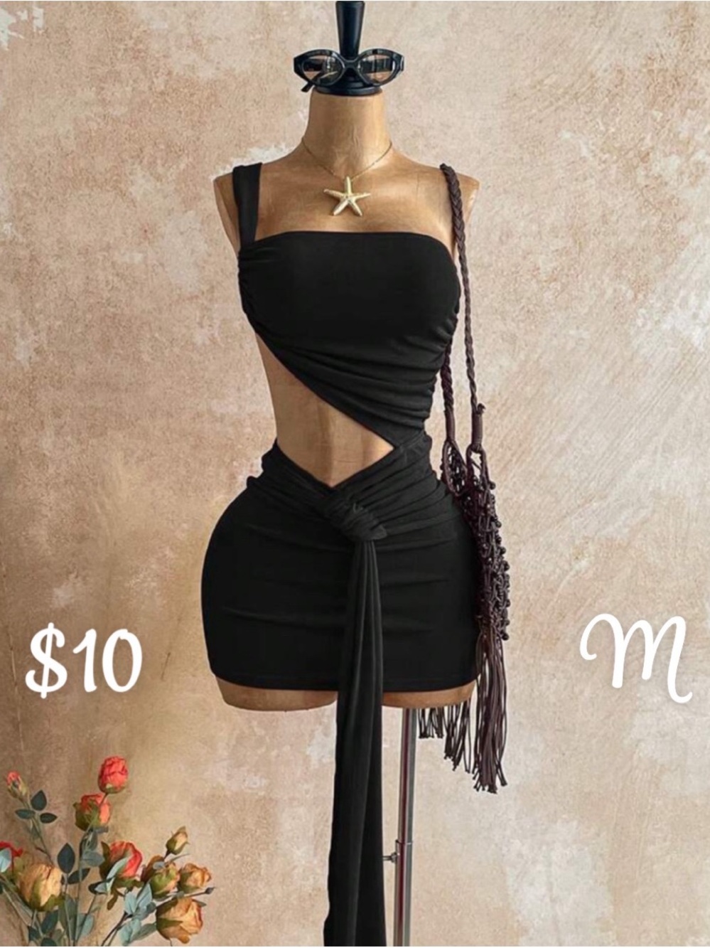 Black Cutout Mini Dress with Waist Tie